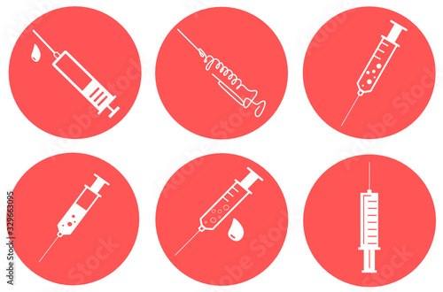 Set of medical syringe, hypodermic needle, Inject needle concept of vaccination, injection. Trendy flat style. vector illustration. Drug dose business concept. Symbol web site design, logo, app, UI.