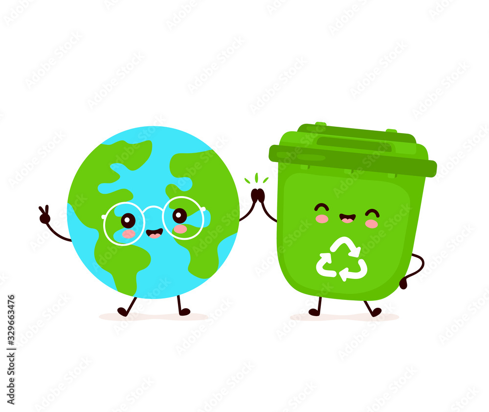 Fototapeta premium Cute happy smiling trash bin and Earth planet
