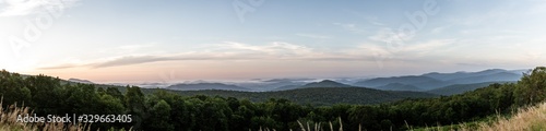 Panorama view of hills in nature with forest in Shenandoah at morning sunny day