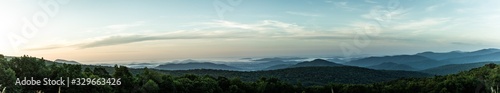 Panorama view of hills in nature with forest in Shenandoah at morning sunny day