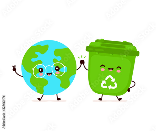 Cute happy smiling trash bin and Earth planet