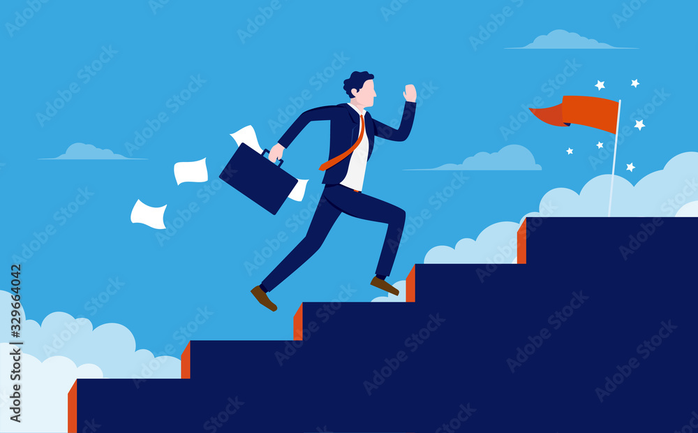 Stairway to success - Man running fast up stairs to reach his goals. Metaphor for quick business success, boost personal career, and winning. Vector illustration. Stairway to success - Man running fast up stairs to reach his goals. Metaphor for quick business success, boost personal career, and winning. Vector illustration.