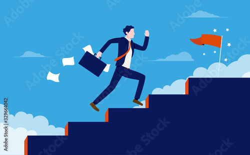 Stairway to success - Man running fast up stairs to reach his goals. Metaphor for quick business success, boost personal career, and winning. Vector illustration.