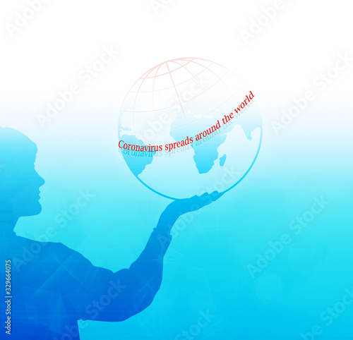 Human silhouette holding a globe with coronavirus spreads the world sign