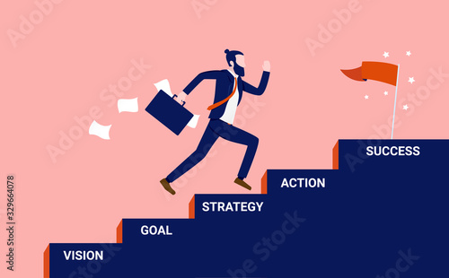 Steps to success - businessman running up a stairway with the words: vision, goal, strategy, action and success. Business, career and personal goals concept. Vector illustration.