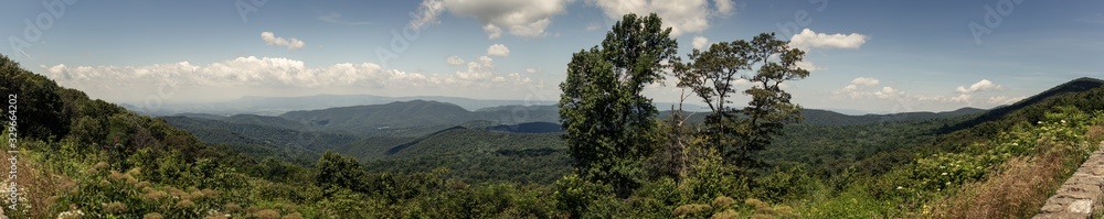 Panorama view of hills in nature with forest in Shenandoah at sunny day