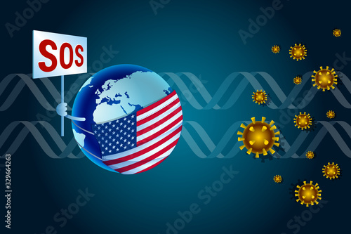 Coronavirus COVID-19 concept for USA. Earth in a medical mask with American flag asks SOS for help from orona virus nCoV against the background of DNA photo