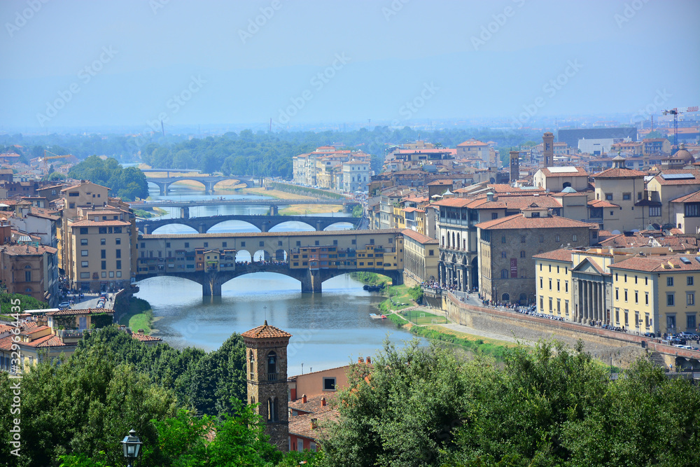 Panoramic view over Florence and Ponte Vecchio from viewpoint Piazzale Michelangelo