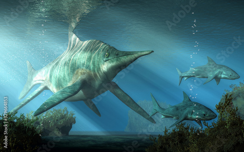 A massive creature pursues two sharks through the Triassic  seas. This is sha...