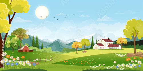 Panorama landscape of spring village with green meadow on hills and blue sky  Vector Summer or Spring landscape  Panoramic countryside of green field with farmhouse  barn and grass flowers