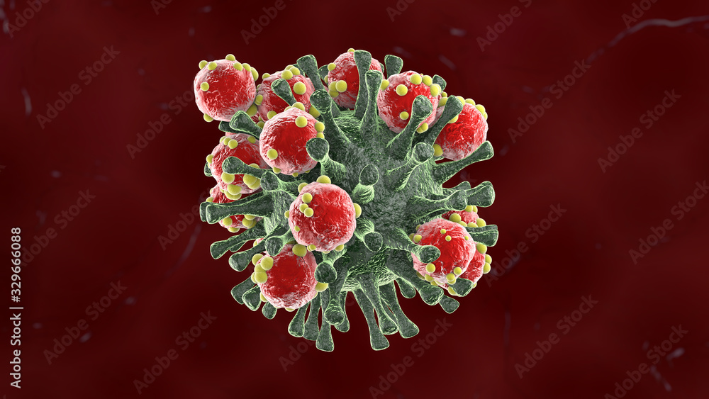 3D rendering of multiple red antibodies attacking the coronavirus. The idea of the immune system. Illustration for textbooks and training materials. Background image of medical subjects.