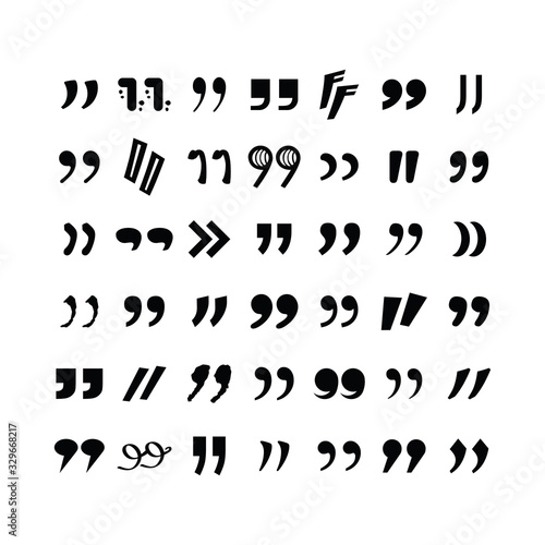 Complete different black silhouette and isolated closing quotation marks icons set on white background