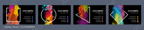 Bundle set of business card template with colorful vector watercolor splash in geometric frame on black background