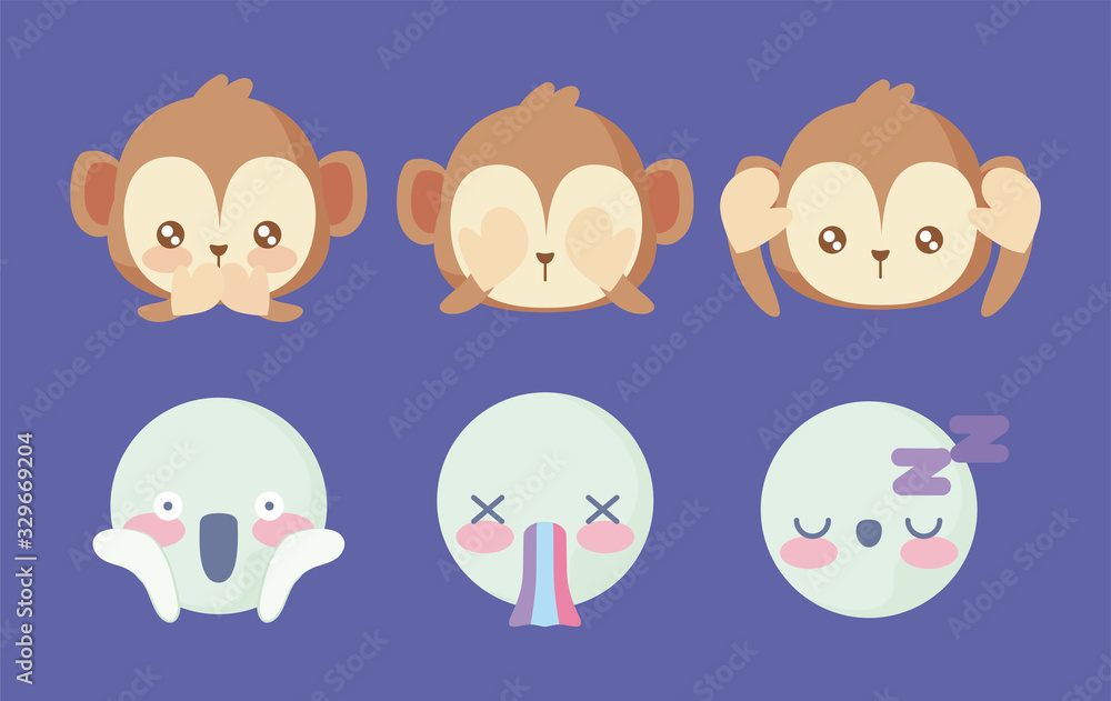 cute monkeys and emojis with expressions over purple background cute monkeys and emojis with expressions over purple background