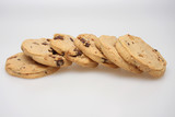 A studio photograph of chocolate chip cookies