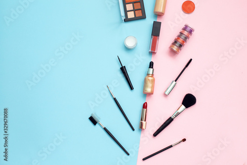 Makeup cosmetics tools background and beauty cosmetics.