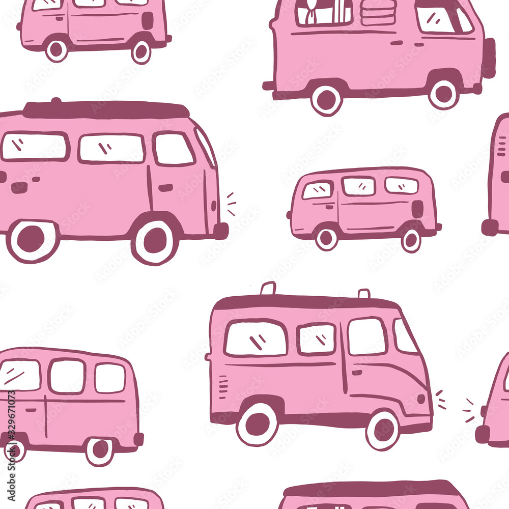 Pink Seamless Hand Drawn Hippie Van Pattern. Bus repeat pattern. White Background. Pink Seamless Hand Drawn Hippie Van Pattern. Bus repeat pattern. White Background.