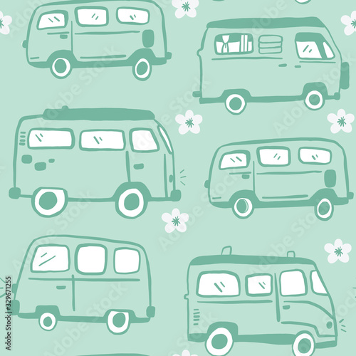 Canvas Print Blue Seamless Hand Drawn 70s Hippie Van Pattern