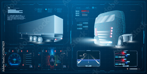 Autonomous smart truck. Unmanned vehicles. artificial intelligence controls the Autonomous truck. Hologram car style in HUD/UI/GUI. Hardware Diagnostics Condition of Car. Analysis and diagnostics auto