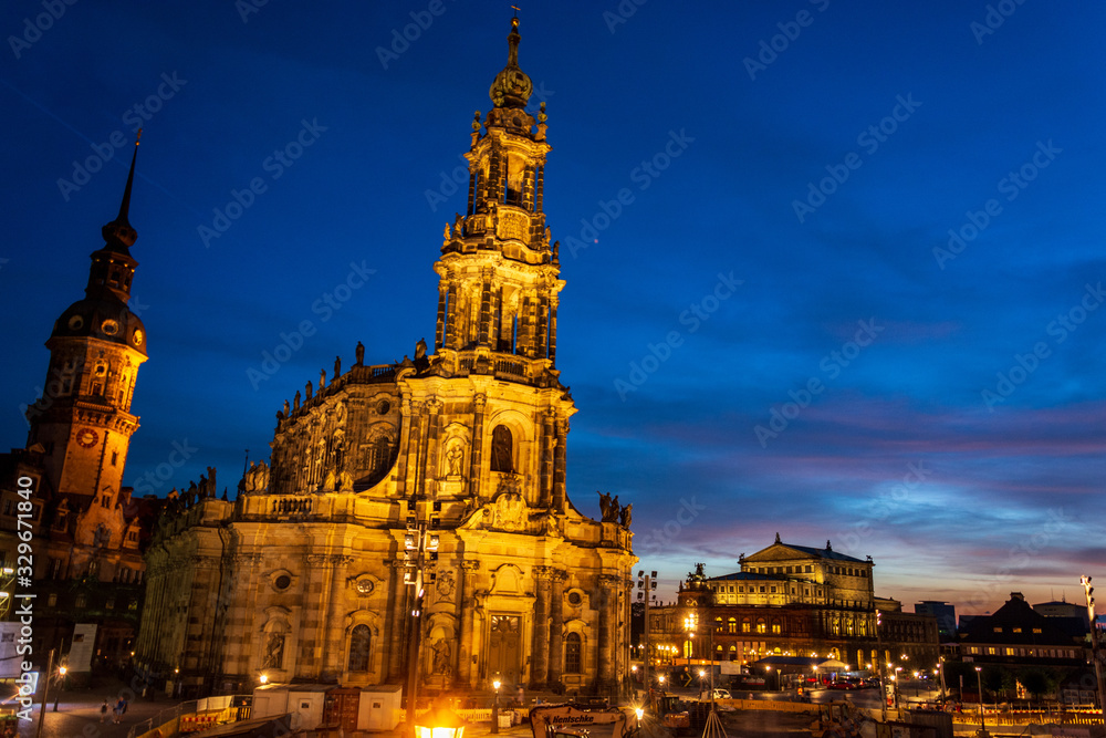 The lit tower Hausmannsturm near the river Elbe in Dresden