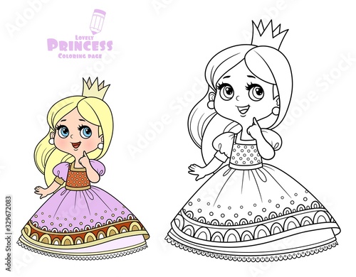 Cute pensive princess in purple dress outlined and color for coloring book