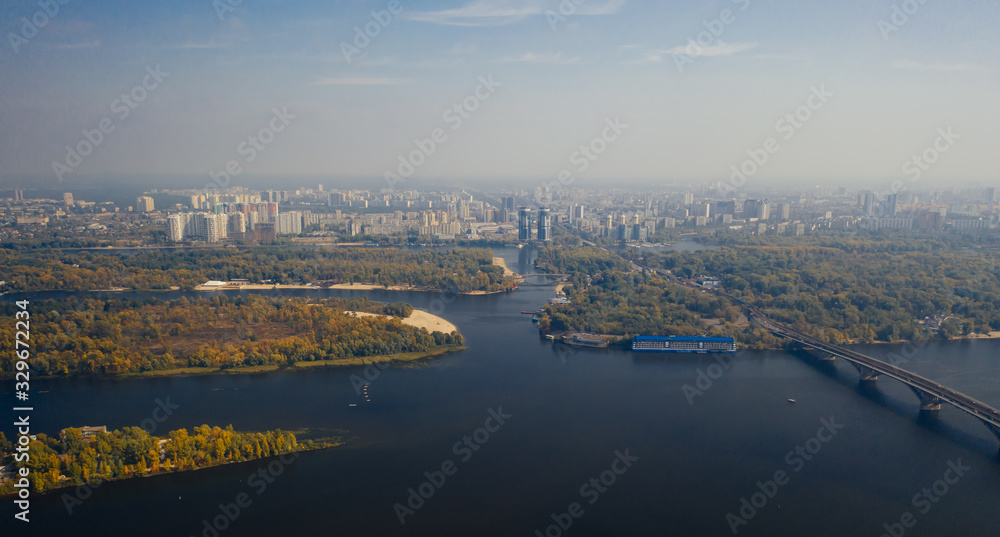 Naklejka premium Flight over the Bridge in Kiev. Aerial photography