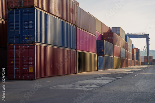 industrial port with containers. Container stacks at sea port container terminal