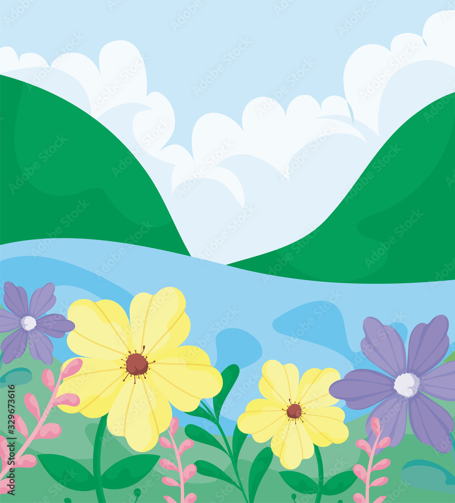 mountains landscape with spring flowers, colorful design
