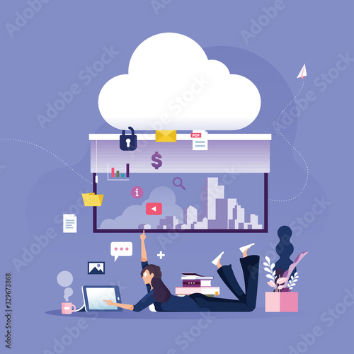 Businesswoman places data to protected cloud data storage-Business technology concept