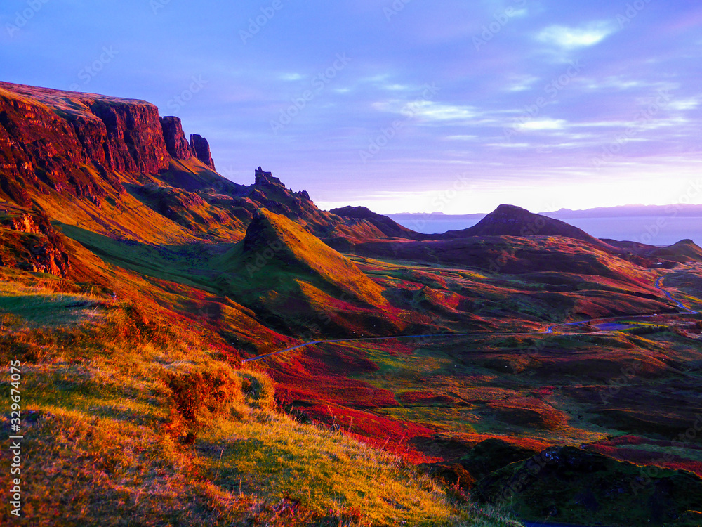 Panoramic view of the ridge of Quiraing from the viewpoint in early morning light