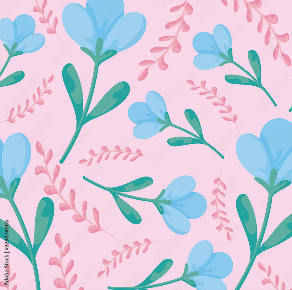 floral background with blue flowers and pink leaves, colorful design