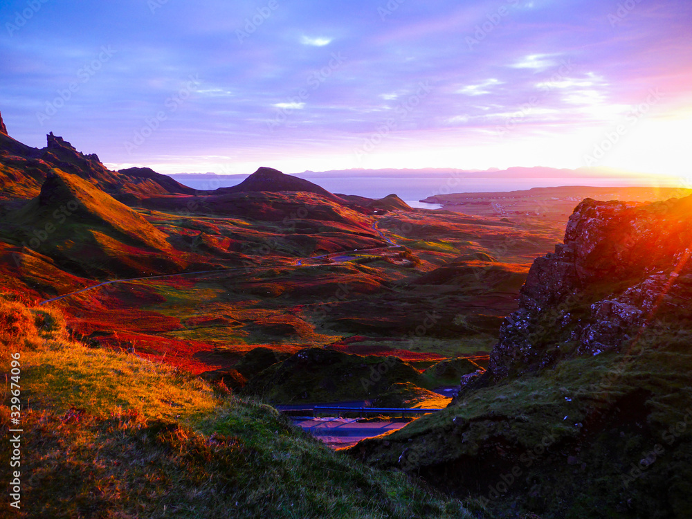 Panoramic view of the ridge of Quiraing from the viewpoint in morning light