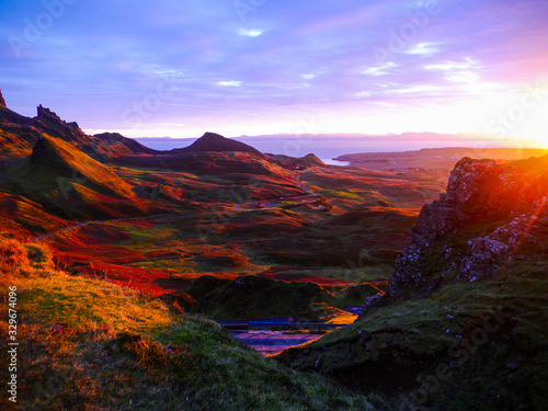 Panoramic view of the ridge of Quiraing from the viewpoint in morning light