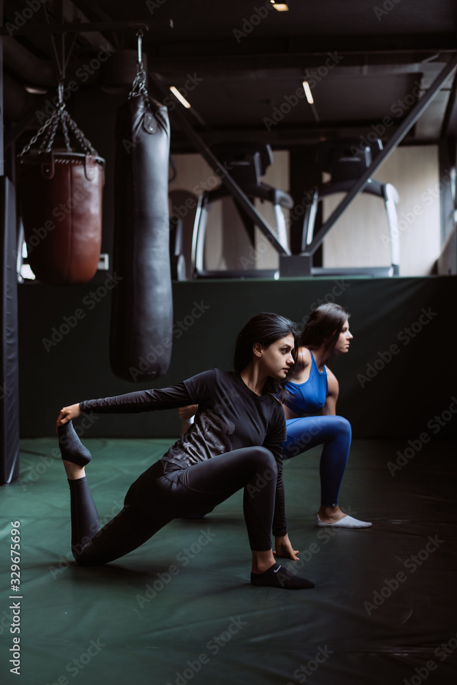 Two beautiful young girls doing fitness in a gym. Stretching the muscles of the back and legs.