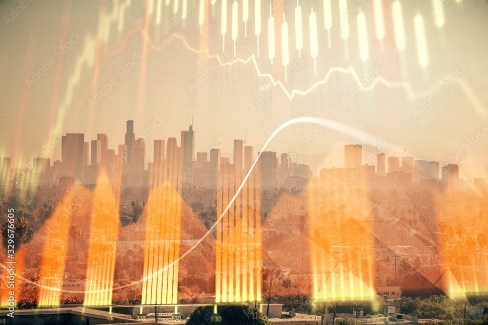 Obraz premium Forex chart on cityscape with skyscrapers wallpaper multi exposure. Financial research concept.