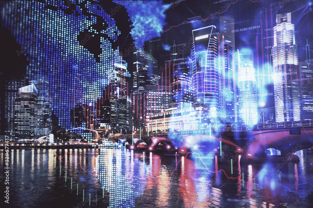 Financial chart on city scape with tall buildings background multi exposure. Analysis concept. Financial chart on city scape with tall buildings background multi exposure. Analysis concept.