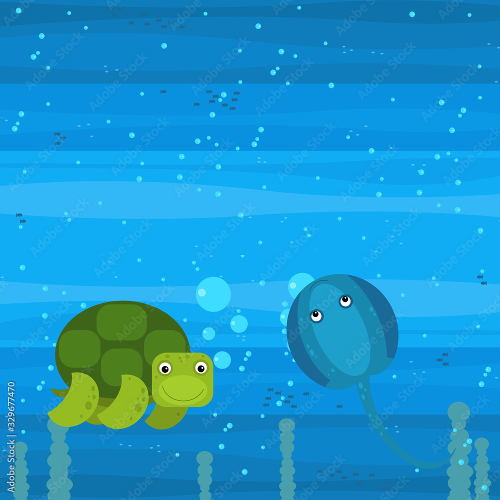 cheerful cartoon underwater scene with swimming coral reef fishes illustration cheerful cartoon underwater scene with swimming coral reef fishes illustration