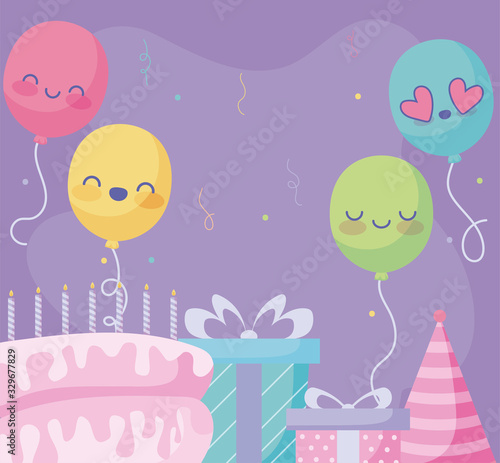Happy birthday design with cute balloons and gift boxes, birthday cake and party hat over purple background
