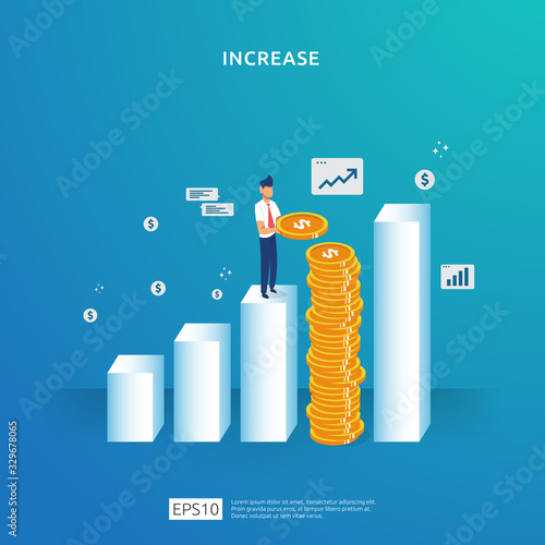 growth up arrow illustration concept. business profit grow or income salary rate increase with people character. sale margin revenue with dollar symbol. Finance performance of return on investment ROI
