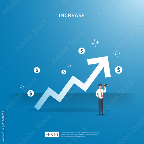 growth up arrow illustration concept. business profit grow or income salary rate increase with people character. sale margin revenue with dollar symbol. Finance performance of return on investment ROI