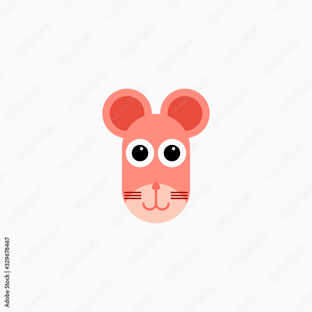 Vector Flat mouse's face isolated. Cartoon style illustration. Animal's head logo. Object for web, poster, banner, print design. Advertisement decoration element