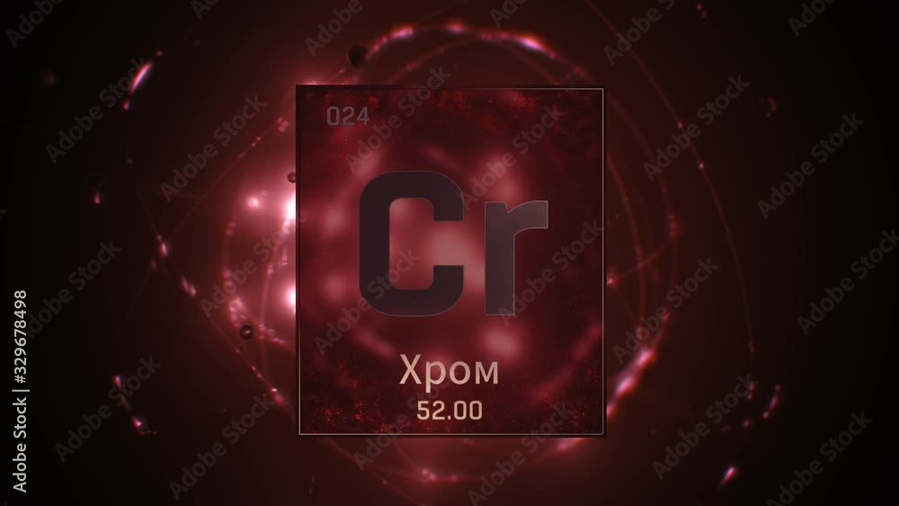 Chromium as Element 24 of the Periodic Table. Seamlessly looping 3D animation on red illuminated atom design background orbiting electrons name, atomic weight element number in russian language Chromium as Element 24 of the Periodic Table. Seamlessly looping 3D animation on red illuminated atom design background orbiting electrons name, atomic weight element number in russian language