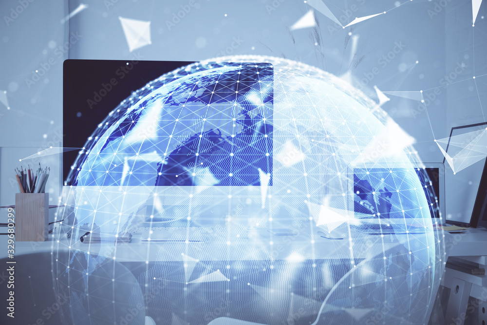 Double exposure of business theme icons and work space with computer background. Concept of success. Double exposure of business theme icons and work space with computer background. Concept of success.