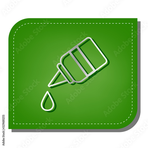 Eye, nasal medical drops sign. Silver gradient line icon with dark green shadow at ecological patched green leaf. Illustration.