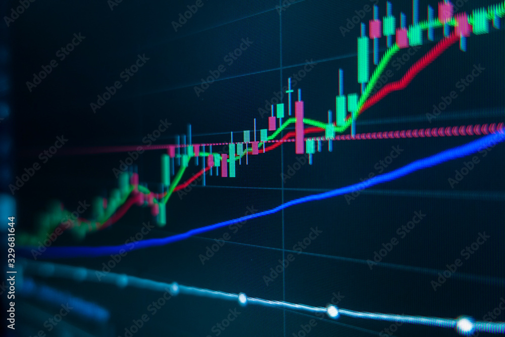 Stock market trading graph and candlestick chart on screen monitor for financial investment and economic concept.