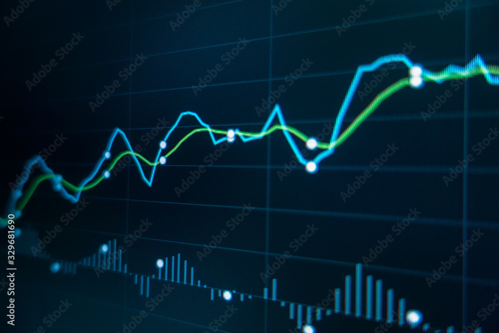 Stock market trading graph and candlestick chart on screen monitor for financial investment and economic concept.