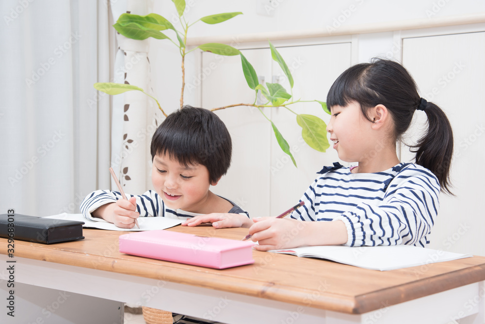 勉強をする小学生の男の子と女の子 勉強をする小学生の男の子と女の子