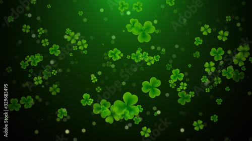 Green Shiny Three And Four Leaf Clover Flying In The Air With Small Hexagon Bokeh Glitter Sparkle Background