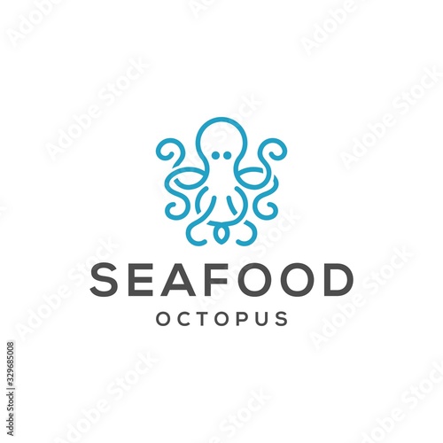 Blue Octopus symbol icon for seafod restaurant or label. isolated on white background. Vector illustration Logo template design.