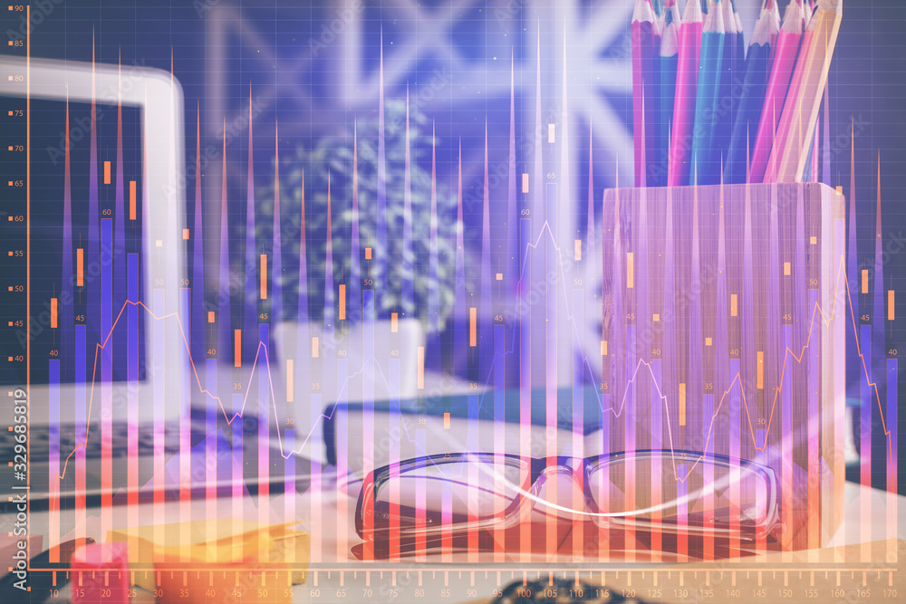 Financial chart hologram with glasses on the table background. Concept of business. Double exposure. Financial chart hologram with glasses on the table background. Concept of business. Double exposure.